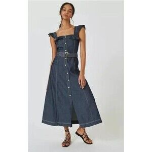 Atsu Anthropologie Denim Midi Dress Ruffle Straps Button Front Belted Sz 10